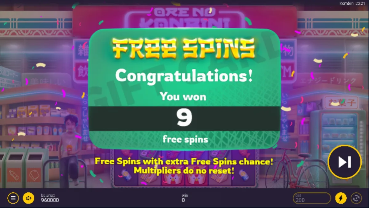Interface vibrante do slot Ore No Konbini com tema de loja de conveniência japonesa