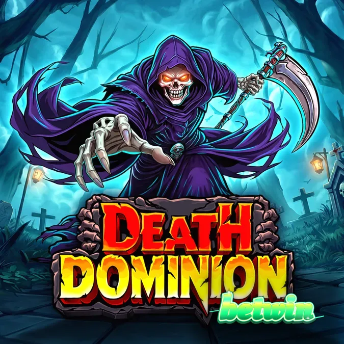 Cenário gótico e misterioso do slot Death Dominion com o Grim Reaper ao fundo